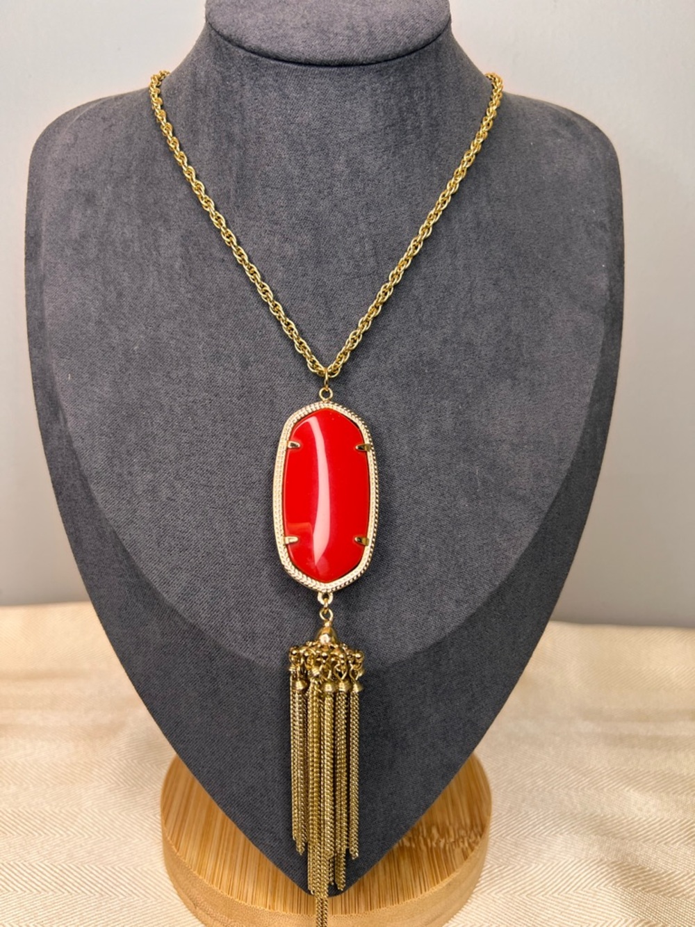 KENDRA SCOTT  Rayne Long Pendant Bright Red Gold Tone Tassel and Chain